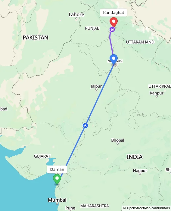 Route map showing distance and travel time from Daman, India to Kandaghat, India