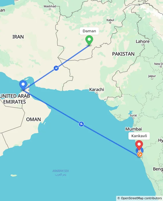 Route map showing distance and travel time from Daman, Afghanistan to Kankavli, India