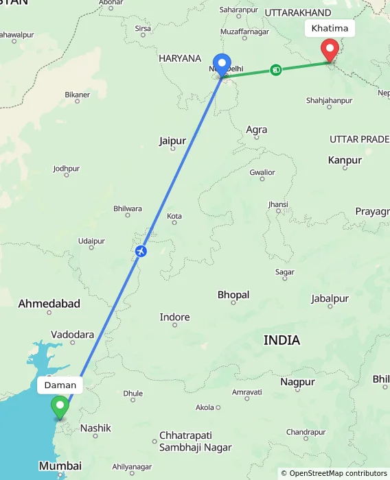 Route map showing distance and travel time from Daman, India to Khatima, India