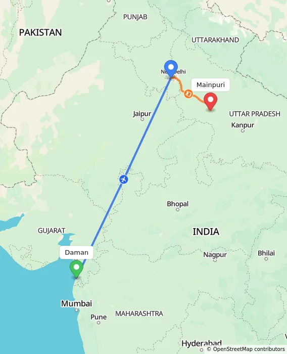 Route map showing distance and travel time from Daman, India to Mainpuri, India
