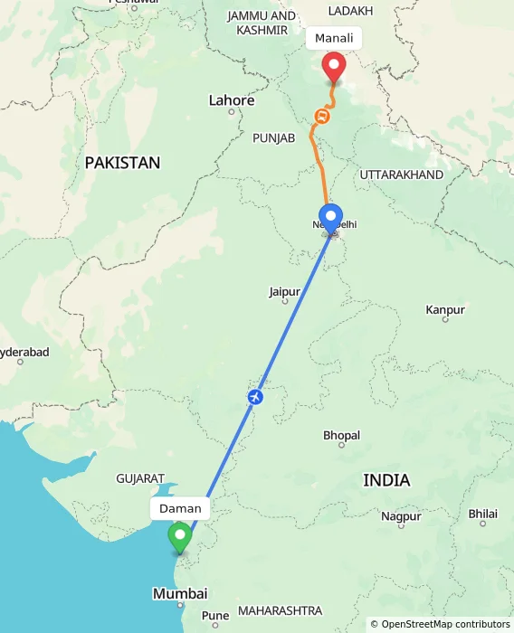 Route map showing distance and travel time from Daman, India to Manali, India