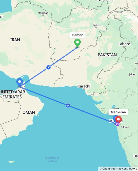 Route map showing distance and travel time from Daman, Afghanistan to Matheran, India