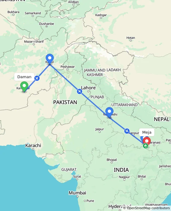 Route map showing distance and travel time from Daman, Afghanistan to Meja, India