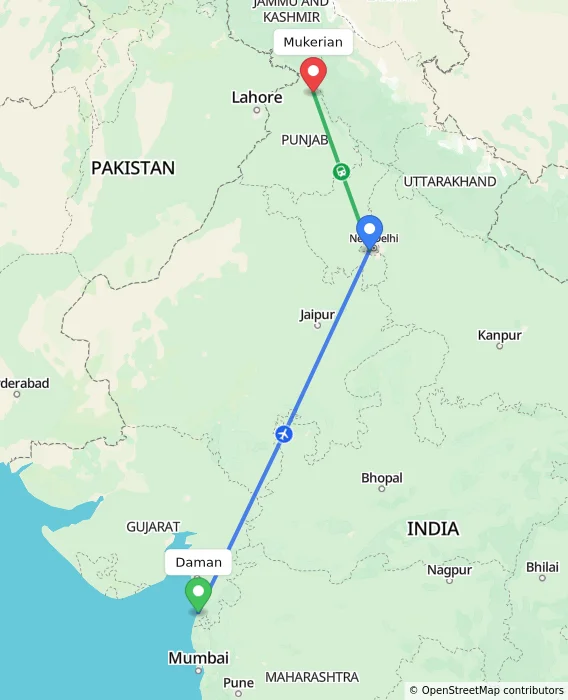 Route map showing distance and travel time from Daman, India to Mukerian, India