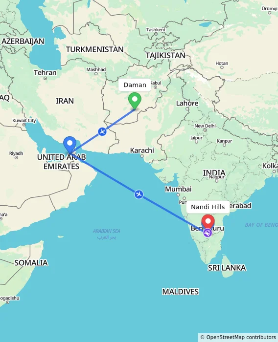 Route map showing distance and travel time from Daman, Afghanistan to Nandi Hills, India