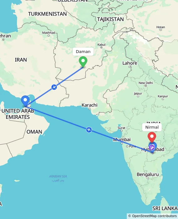 Route map showing distance and travel time from Daman, Afghanistan to Nirmal, India