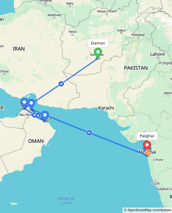 Route map showing distance and travel time from Daman, Afghanistan to Palghar, India