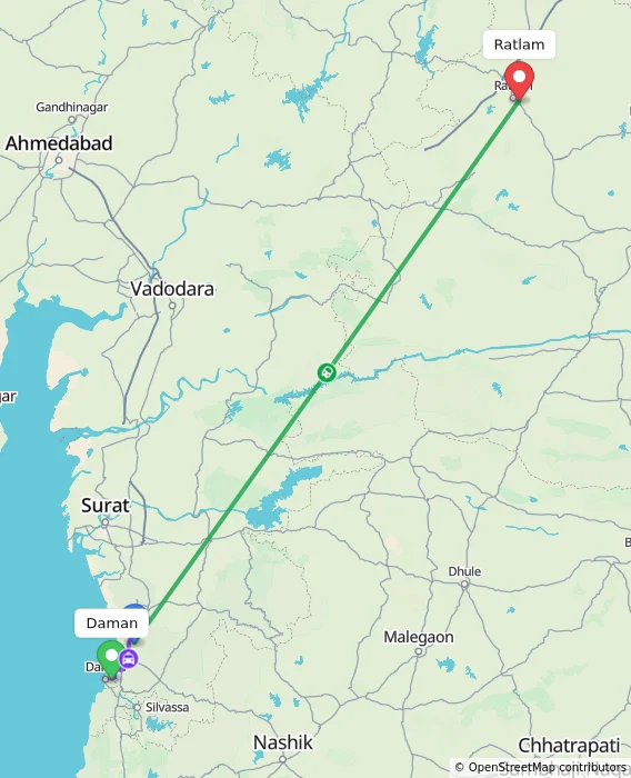 Route map showing distance and travel time from Daman, India to Ratlam, India