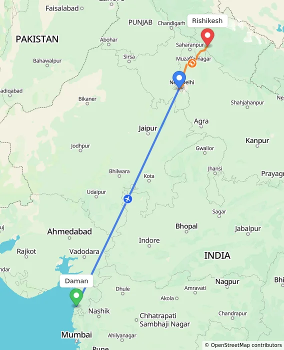 Route map showing distance and travel time from Daman, India to Rishikesh, India