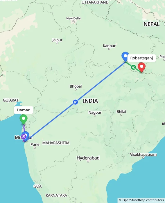 Route map showing distance and travel time from Daman, India to Robertsganj, India