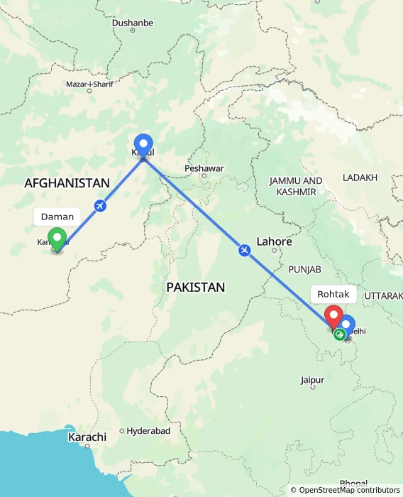 Route map showing distance and travel time from Daman, Afghanistan to Rohtak, India