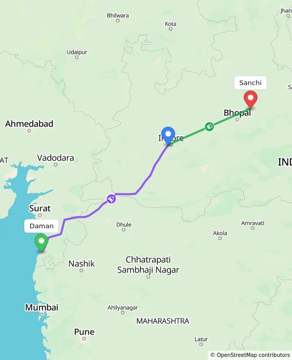 Route map showing distance and travel time from Daman, India to Sanchi, India