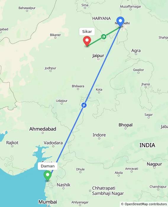 Route map showing distance and travel time from Daman, India to Sikar, India