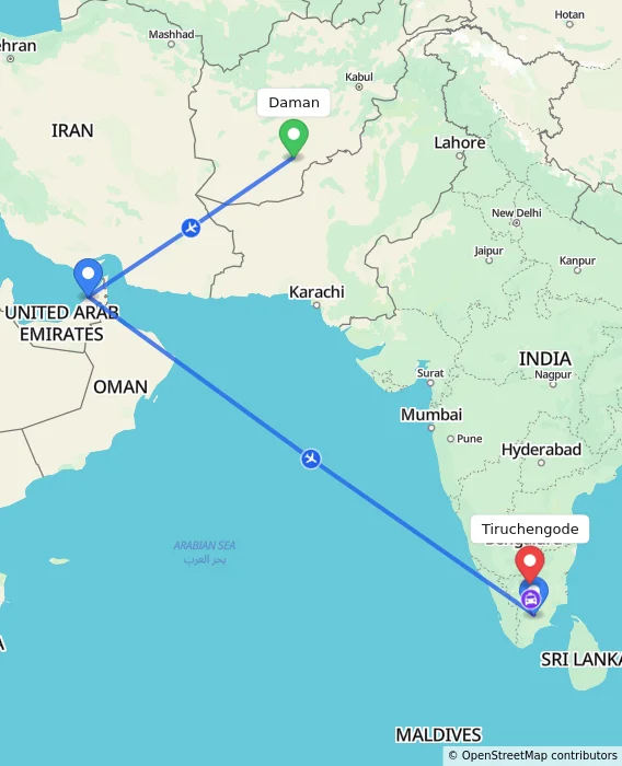 Route map showing distance and travel time from Daman, Afghanistan to Tiruchengode, India