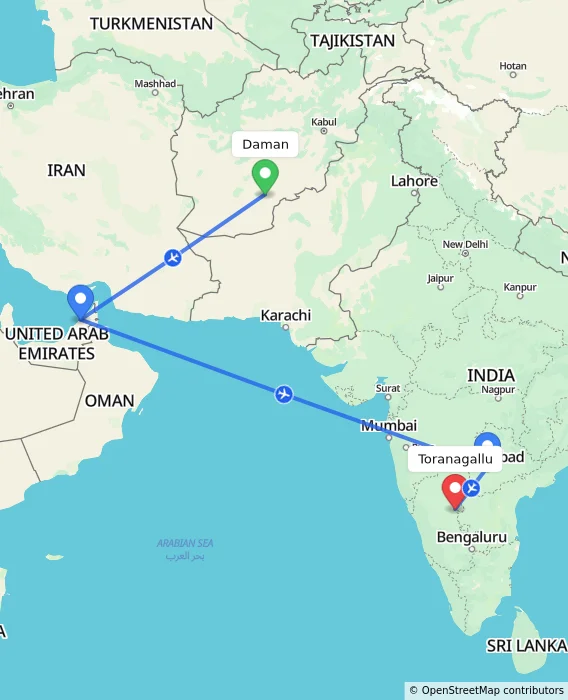 Route map showing distance and travel time from Daman, Afghanistan to Toranagallu, India