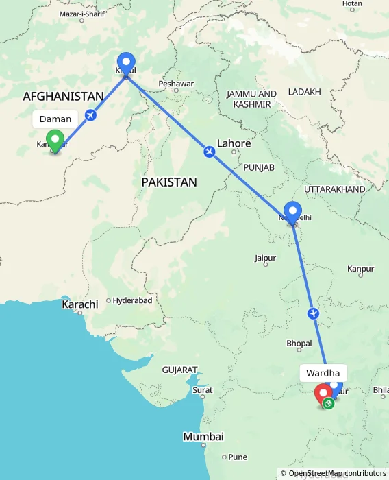 Route map showing distance and travel time from Daman, Afghanistan to Wardha, India