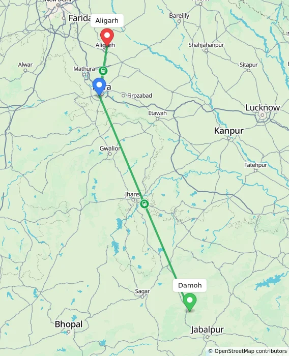 Route map showing distance and travel time from Damoh, India to Aligarh, India