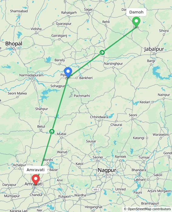 Route map showing distance and travel time from Damoh, India to Amravati, India