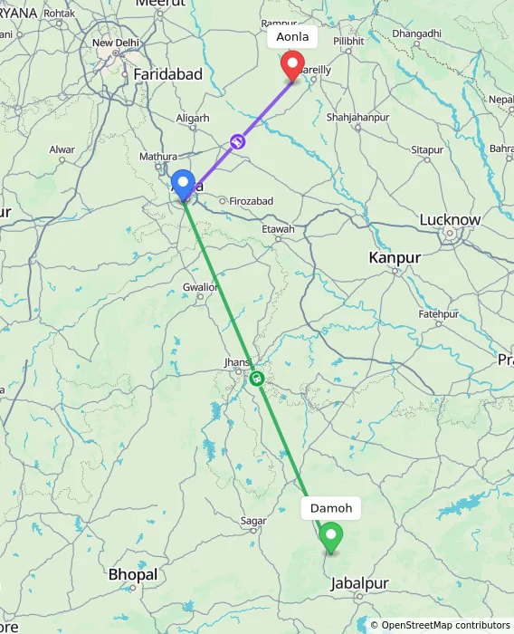 Route map showing distance and travel time from Damoh, India to Aonla, India