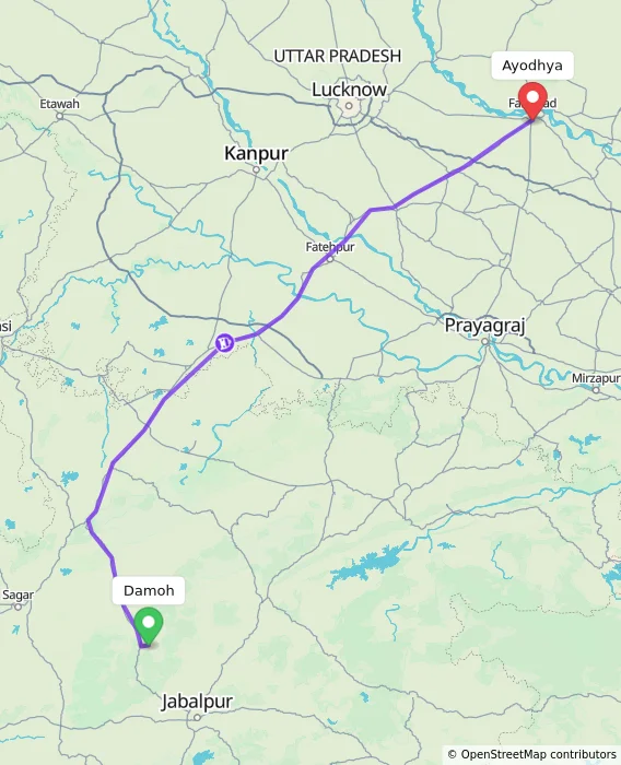 Route map showing distance and travel time from Damoh, India to Ayodhya, India