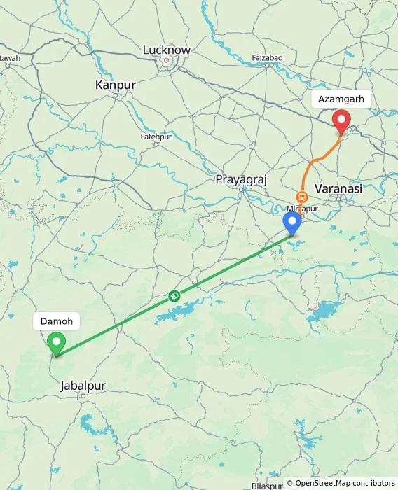 Route map showing distance and travel time from Damoh, India to Azamgarh, India