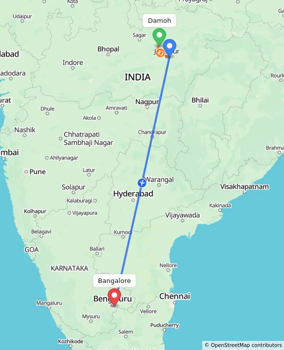 Route map showing distance and travel time from Damoh, India to Bangalore, India