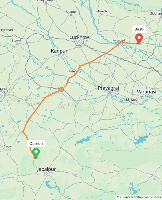 Route map showing distance and travel time from Damoh, India to Basti, India