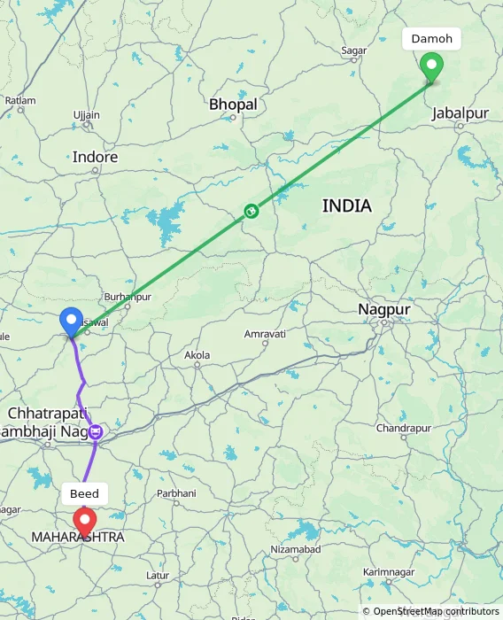 Route map showing distance and travel time from Damoh, India to Beed, India