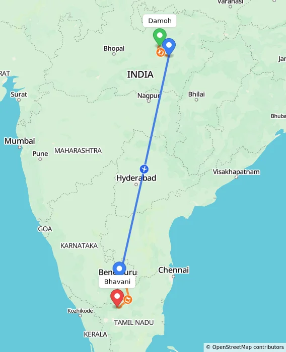 Route map showing distance and travel time from Damoh, India to Bhavani, India