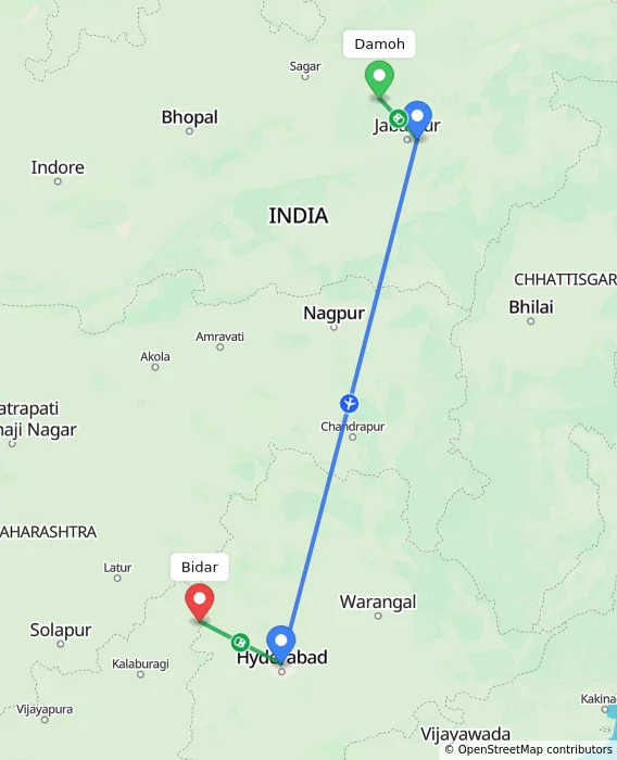 Route map showing distance and travel time from Damoh, India to Bidar, India