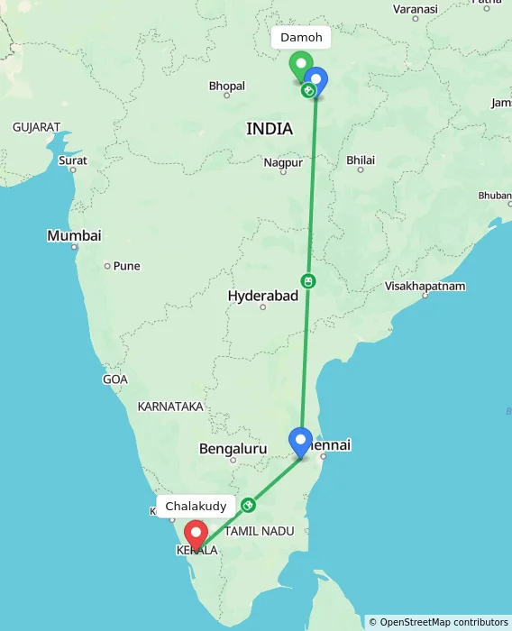 Route map showing distance and travel time from Damoh, India to Chalakudy, India