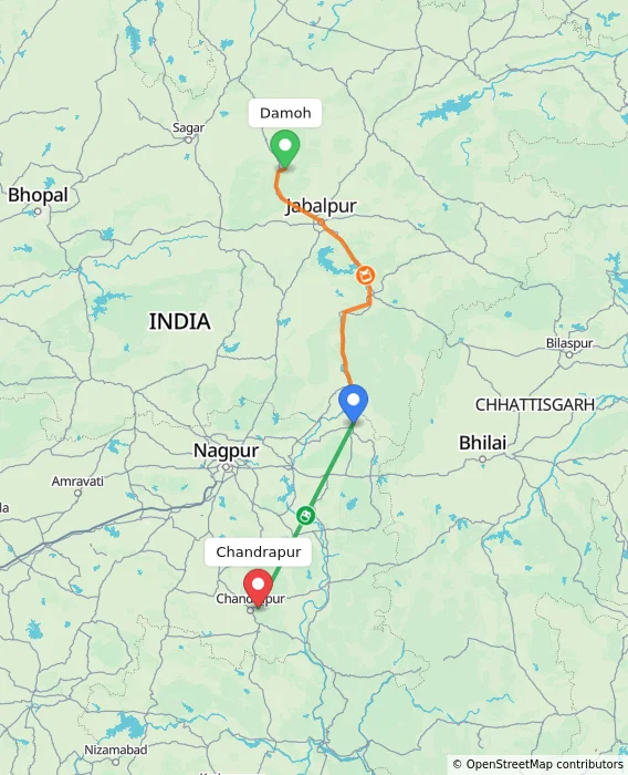 Route map showing distance and travel time from Damoh, India to Chandrapur, India