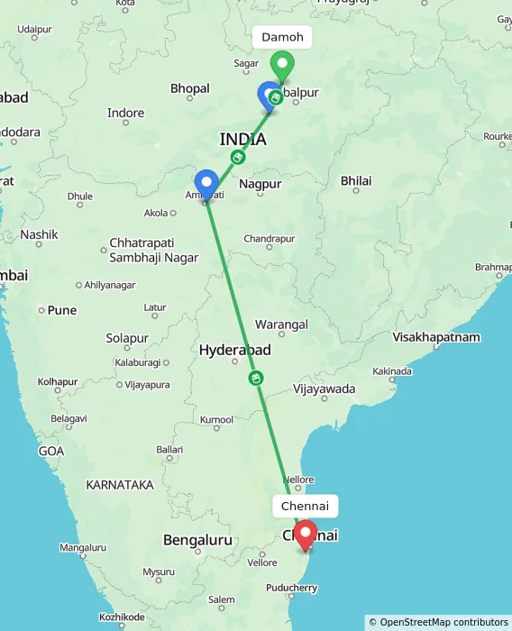 Route map showing distance and travel time from Damoh, India to Chennai, India
