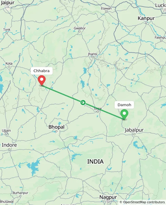 Route map showing distance and travel time from Damoh, India to Chhabra, India
