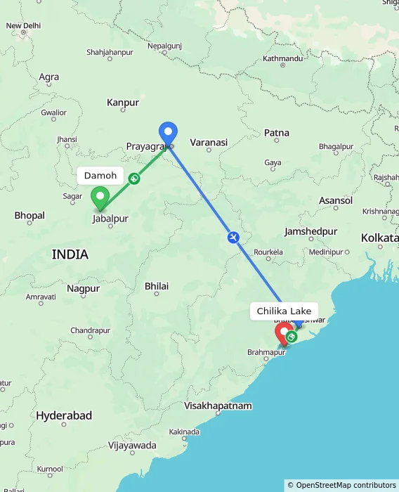 Route map showing distance and travel time from Damoh, India to Chilika Lake, India