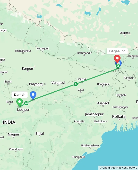 Route map showing distance and travel time from Damoh, India to Darjeeling, India