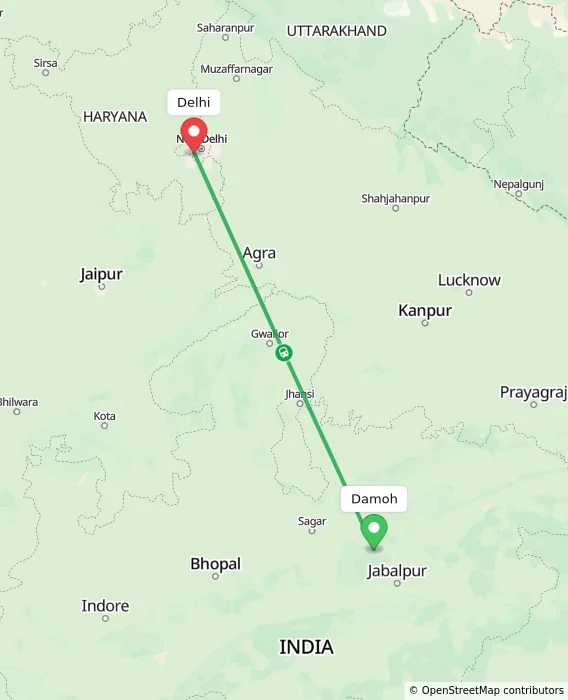 Route map showing distance and travel time from Damoh, India to Delhi, India