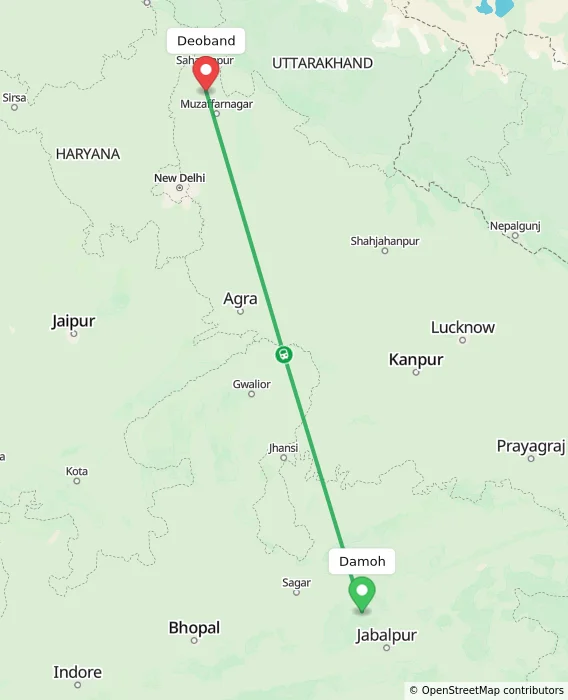 Route map showing distance and travel time from Damoh, India to Deoband, India