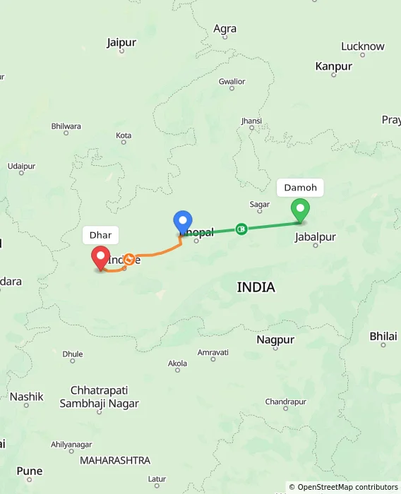 Route map showing distance and travel time from Damoh, India to Dhar, India
