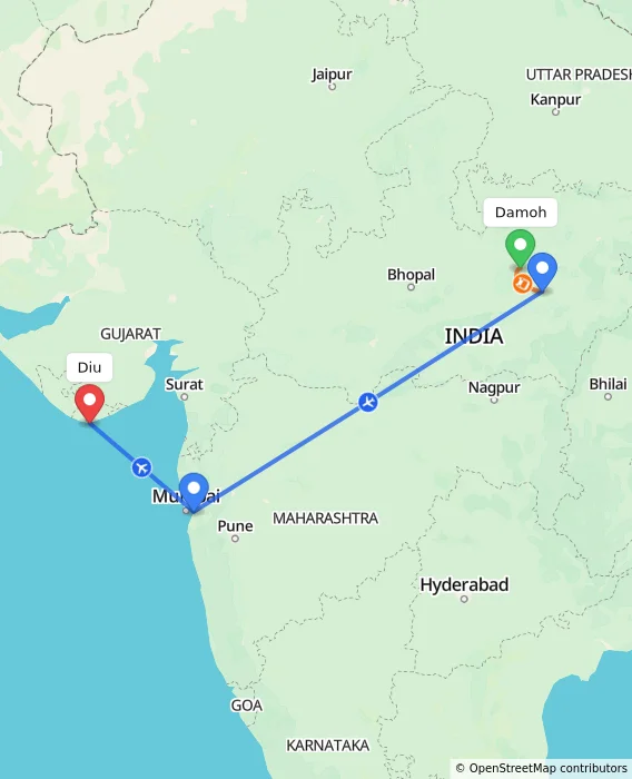 Route map showing distance and travel time from Damoh, India to Diu, India