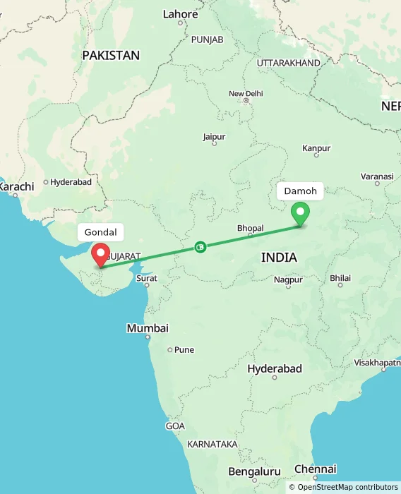 Route map showing distance and travel time from Damoh, India to Gondal, India