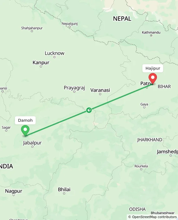 Route map showing distance and travel time from Damoh, India to Hajipur, India