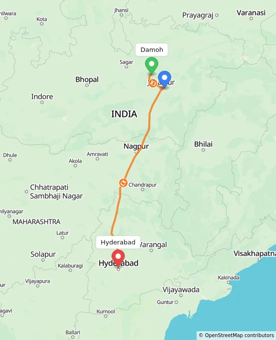 Route map showing distance and travel time from Damoh, India to Hyderabad, India
