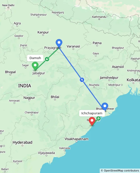 Route map showing distance and travel time from Damoh, India to Ichchapuram, India