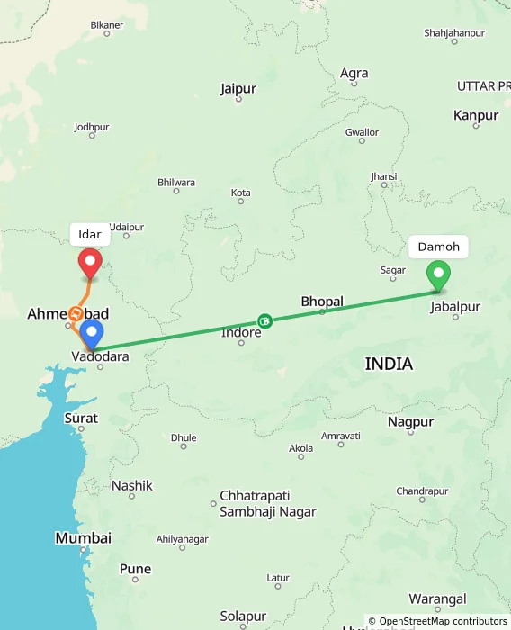 Route map showing distance and travel time from Damoh, India to Idar, India