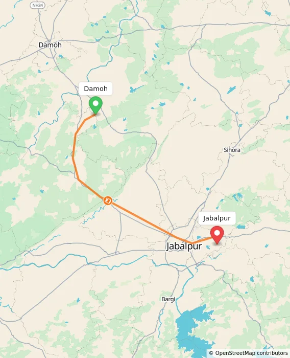 Route map showing distance and travel time from Damoh, India to Jabalpur, India
