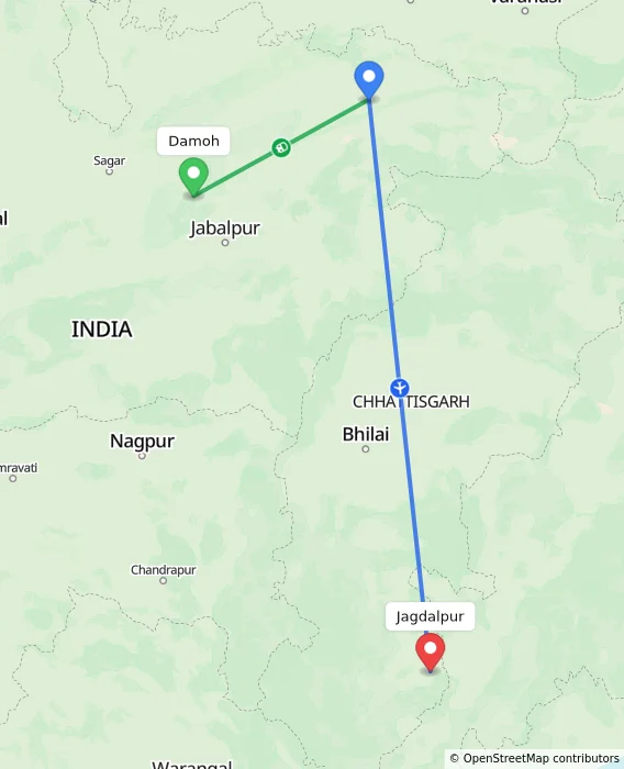 Route map showing distance and travel time from Damoh, India to Jagdalpur, India