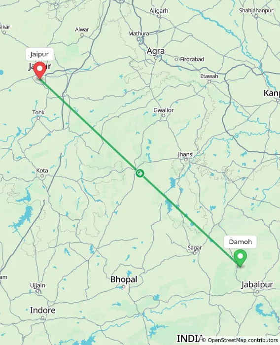 Route map showing distance and travel time from Damoh, India to Jaipur, India