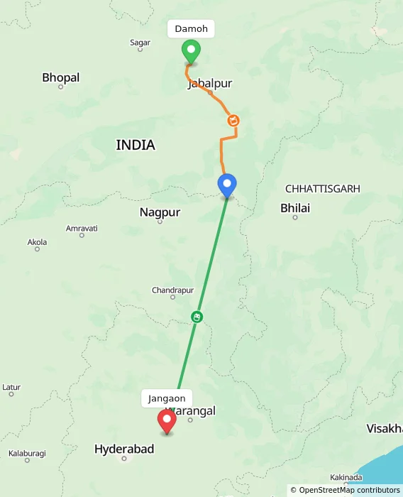 Route map showing distance and travel time from Damoh, India to Jangaon, India