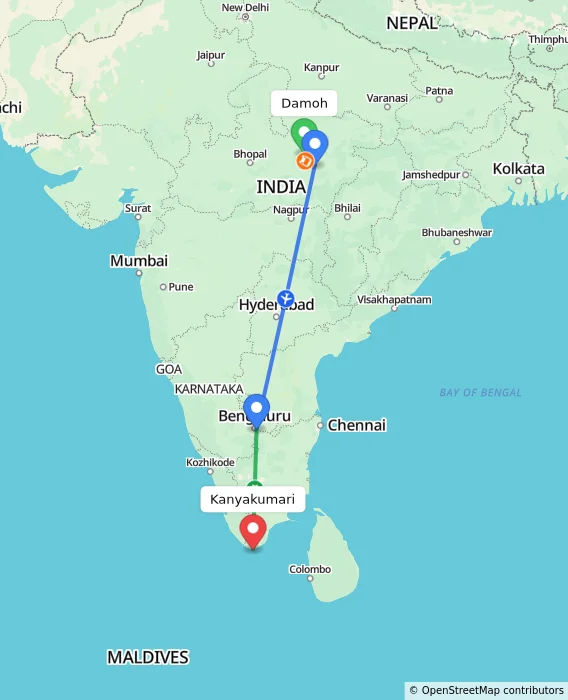 Route map showing distance and travel time from Damoh, India to Kanyakumari, India
